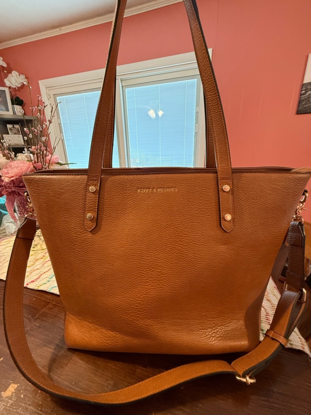 Poppy & Peonies Cognac with Pink Interior Go Getter Tote